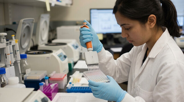 Female scientist working in a modern laboratory pipetting liquid into microplate for research or testing