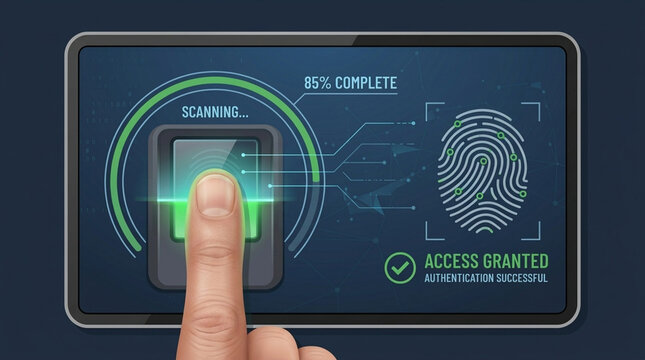Fingerprint scanner biometric authentication access granted security technology digital identity scanning process futuristic interface