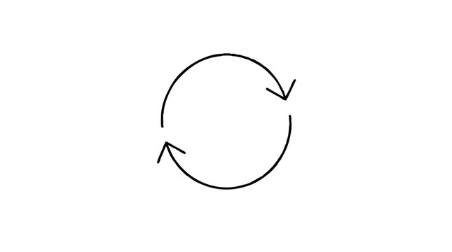 Two curved arrows chasing each other clockwise around an open circle, the classic refresh and reload symbol drawn as a minimal vector line icon for sync buttons, updates and repeat actions in apps