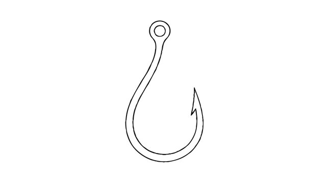 Barbed fishing hook with a round eye at the top, a long curved shank and a deep bend ending in a pointed tip with a backward barb, a single contour vector icon for angling shops and tackle boxes
