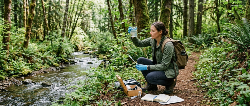 Environmental Scientist Collecting Water Sample from Forest Stream for Research