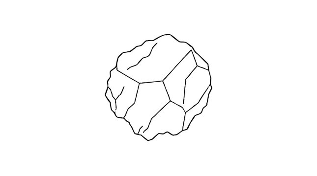 Rough faceted rock chunk with a jagged rounded outline, flat angular faces and surface cracks, a lodestone mineral specimen drawn as a vector line icon for magnetism lessons and stone collections