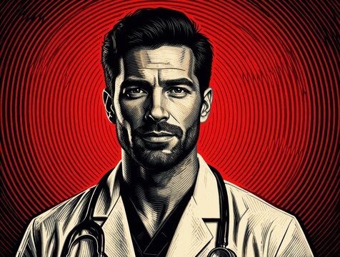 Stylized portrait of handsome male doctor in modern linocut pop art style. Pro physician wears white coat, stethoscope. Bold graphic illustration with thick engraved lines on red concentric circles