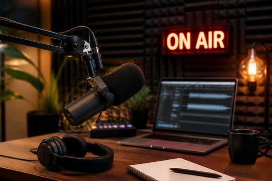 Microphone setup recording podcast in dim studio with on air