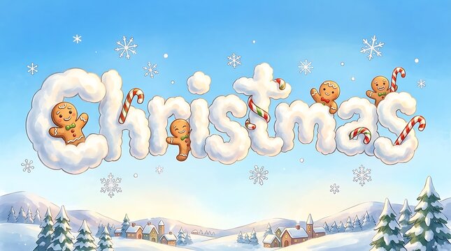 Christmas word art with winter landscape and falling snow illustration