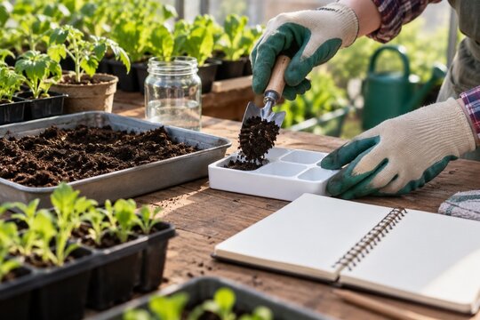 Gardener testing soil beside seedling trays