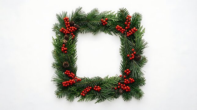 Festive square christmas wreath with pine branches and red berry decorations