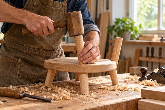 Woodworker assembling a small stool in a workshop