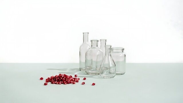 Collection of clear glass jars and bottles with scattered red berries