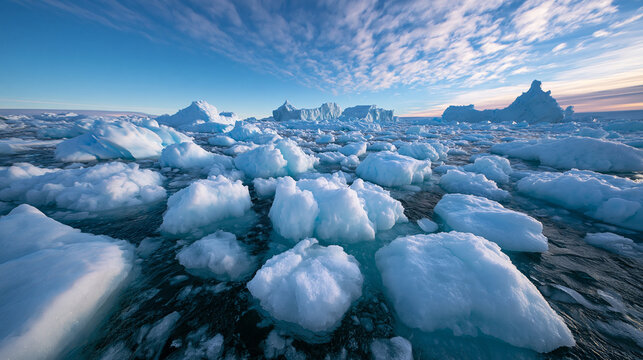 Melting Icebergs and Sea Ice Floating in Arctic Ocean