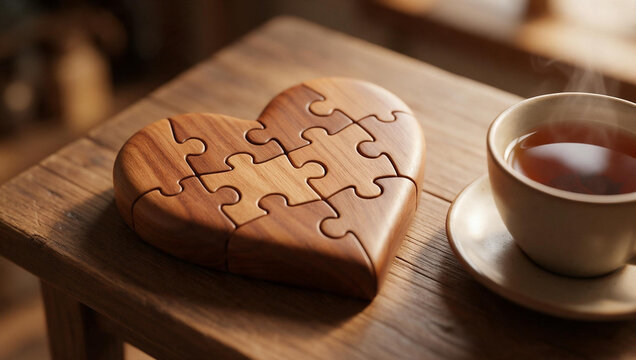 Wooden Heart Shaped Puzzle Beside Cup of Hot Tea