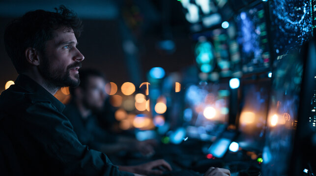 Surveillance Operator Monitoring Screens in Command Control Room