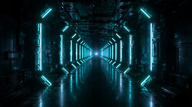 Futuristic Sci-Fi Corridor with Glowing Cyan Neon Lights
