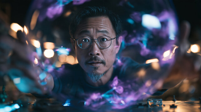 Scientist Interacting with Glowing Futuristic Energy Sphere