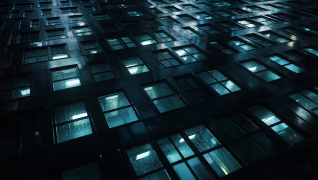 Corporate Skyscraper Windows Glowing at Night with Rain