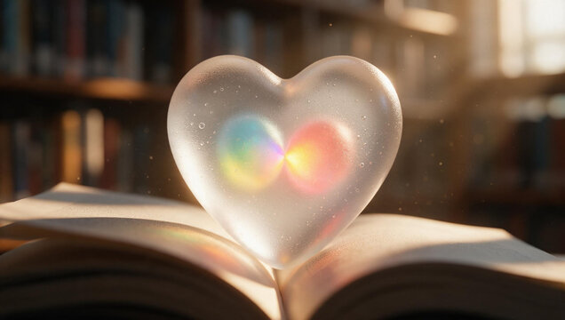 Glowing Crystal Heart on Open Book in Warm Library