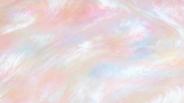Soft pearlescent abstract texture with flowing pastel pink, peach, blue and white iridescent highlights, horizontal dreamy luxury background