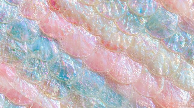 Macro abstract texture of overlapping translucent iridescent bubbles in pastel pink, blue and pearl tones, horizontal holographic background