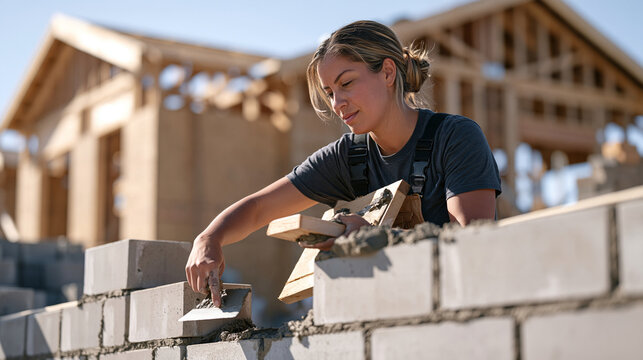 A female bricklayer works steadily along a new block wall at a residential construction site, trowel moving with fluid efficiency, mortar board beside her, courses of block rising