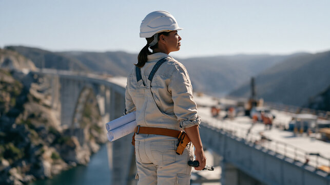 A structural engineer who is a woman stands on an unfinished bridge beam high above a river gorge, blueprints rolled under her arm, surveying the span with a measuring device as