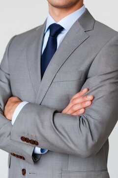 Anonymous businessman in a gray suit and tie standing with arms crossed against a neutral background, vertical corporate portrait with face cropped