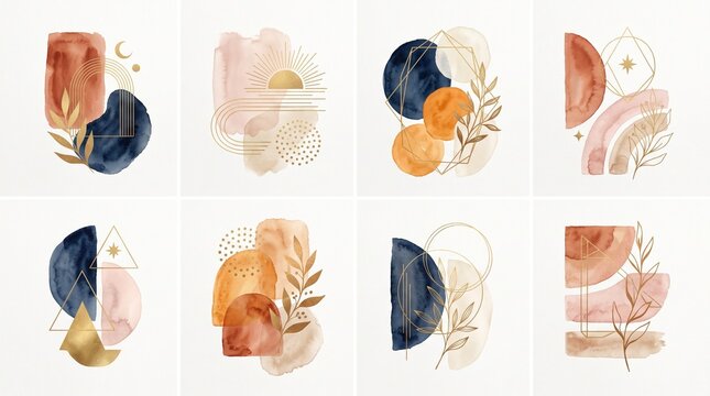 Watercolor Abstract Shapes Clipart Set, Terracotta Arch Art, Bohol Geometric Elements, Modern Printable Digital Collection, 8K image 