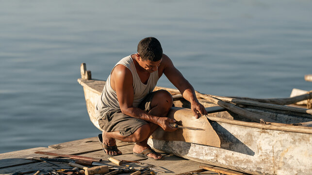 A Samoan fisherman stretches a heavy duty repair patch across a damaged section of his traditional outrigger canoe hull, tools spread around him on a wooden dock, calm lagoon