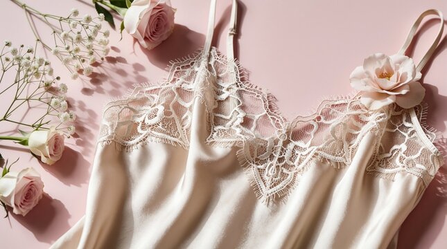 Elegant silk camisole with lace detail lies on pink background. White satin lingerie top with flower decoration for bridal collection. Feminine nightwear garment with delicate texture, romantic