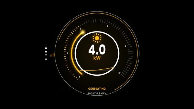 Animated digital HUD interface showing a solar panel energy generation meter with kW output and power monitoring data