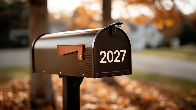 Brown metal mailbox stands on a black post. White numbers "2027" mark its surface. Fallen autumn leaves cover the ground. Blurred trees and a street form the background