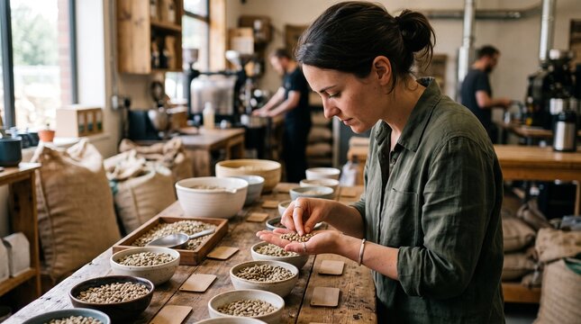Woman inspecting raw coffee beans in a roastery with burlap sacks and equipment in background