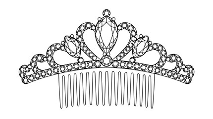 Black outline vector icon of a sparkling tiara comb with large marquise center stones and rows of round rhinestones drawn with thin intricate lines in symmetric composition evoking royal elegance © William