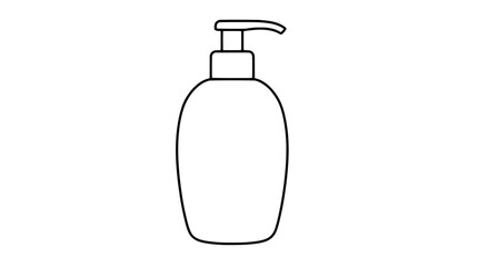 Obraz premium Black outline vector icon of a pump dispenser bottle with rounded body neck and angled nozzle head drawn with thin lines centered vertically distinguishing it from squeeze tubes without pumps