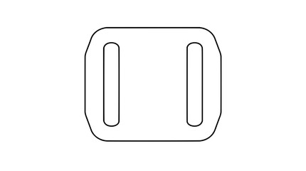 Obraz premium Black outline vector icon of a rectangular strap adjuster plate with rounded tapered sides and two vertical slots drawn with thin lines centered separating it from buckle frames without prongs