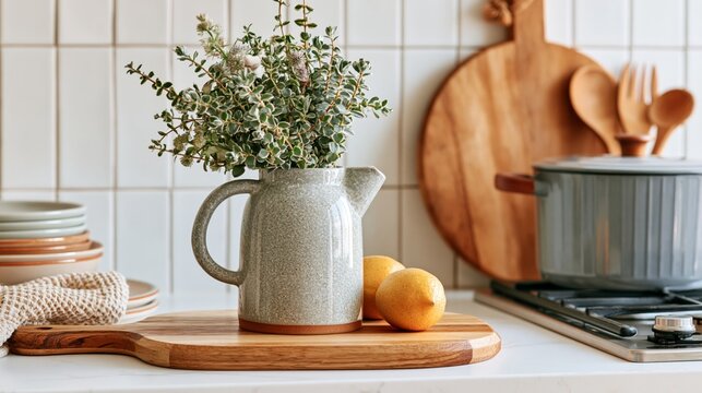 Warm contemporary kitchen interior with handmade ceramic pitcher filled with greenery, wooden cutting board and lemons, horizontal cozy home decor scene