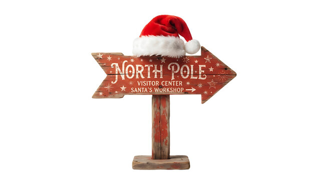 Wooden north pole signpost decorated with a santa hat christmas sign signpost