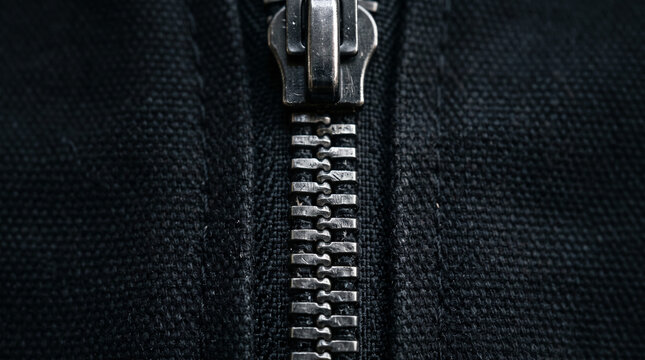 Close-up of a metallic zipper on black fabric, symbolizing closure, connection, and functional design, suitable for fashion or utility concepts