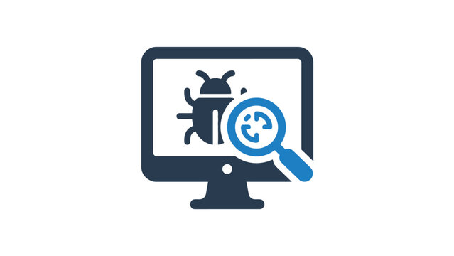Software bug detection vector icon featuring a computer monitor and magnifying glass symbol
