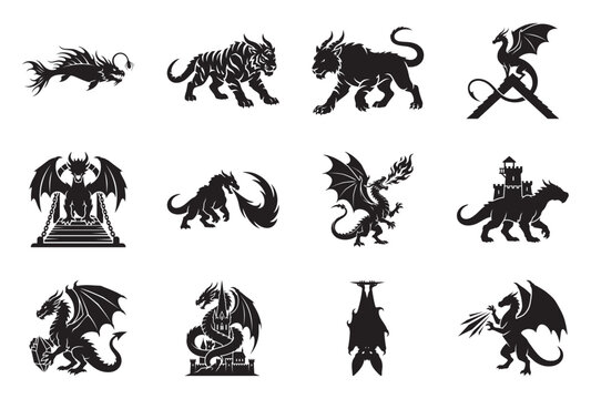 Mythical creature silhouettes set, 12 fantasy monster icons in black vector style, medieval dragon and beast heraldry symbols for gaming