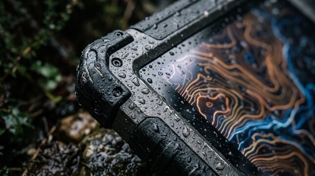 Raindrops cover durable rugged field tablet corner outdoors. Heavy water droplets rest across reinforced bumper edge and illuminated screen displaying topographic map during wilderness mission.