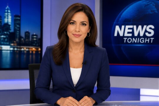 Female news anchor presenting live broadcast in studio