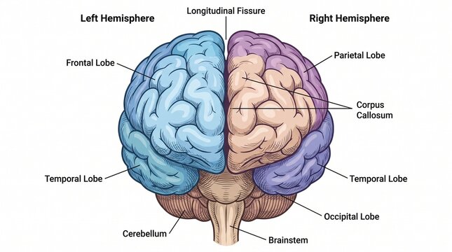 Human brain anatomy illustration set showing side, front and top views with detailed cerebral structure, neuroscience education, medical anatomy diagram, realistic vector style.
