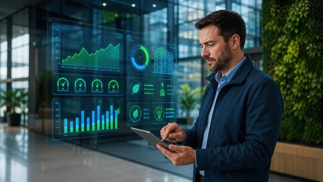 Facility manager using energy optimization dashboard.