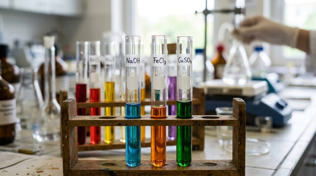 Colorful chemical solutions in test tubes on rack in laboratory science experiment background