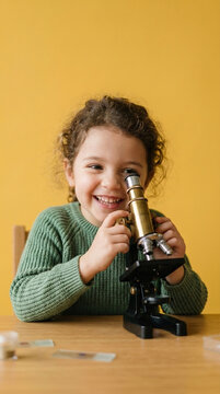 Curious child with curly hair smiles while looking through a microscope education science discovery learning concept