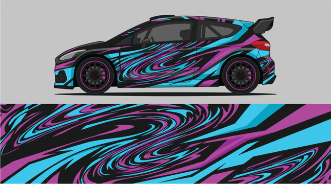 Car Wrap Design with Dynamic Swirl Decal in Blue and Pink
