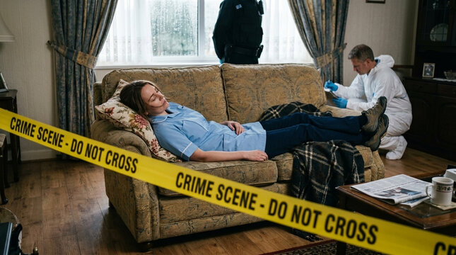 Crime Scene Investigation Nurse on Sofa Detective in Hazmat Suit Examining Evidence