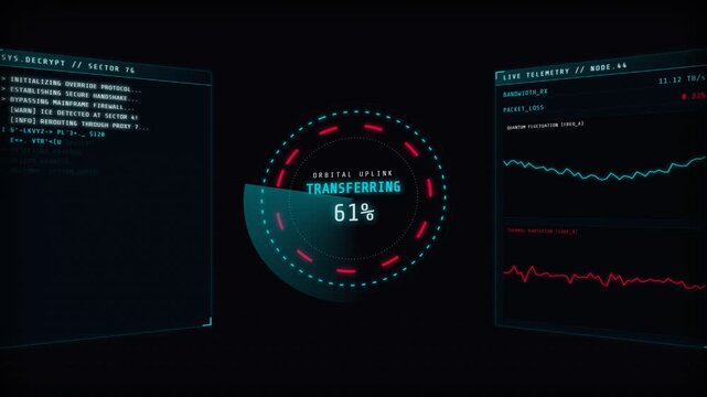 Advanced sci-fi holographic head-up display featuring a cyberpunk terminal, real-time matrix decryption, rotating 3D radar core, and live data stream graphs.