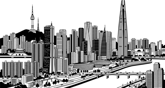 Seoul skyline silhouette Lotte Tower Namsan Tower Han River bridge cityscape Korea landmark black buildings illustration vector travel urban city
