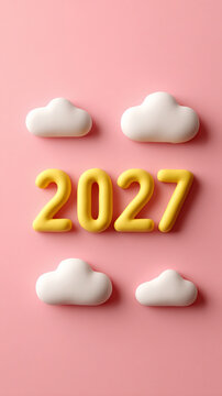 Pink background offers a soft, inviting feel. Bold yellow '2027' numbers stand out clearly. Four white clouds float gently around the digits. This image celebrates fresh beginnings in the new year